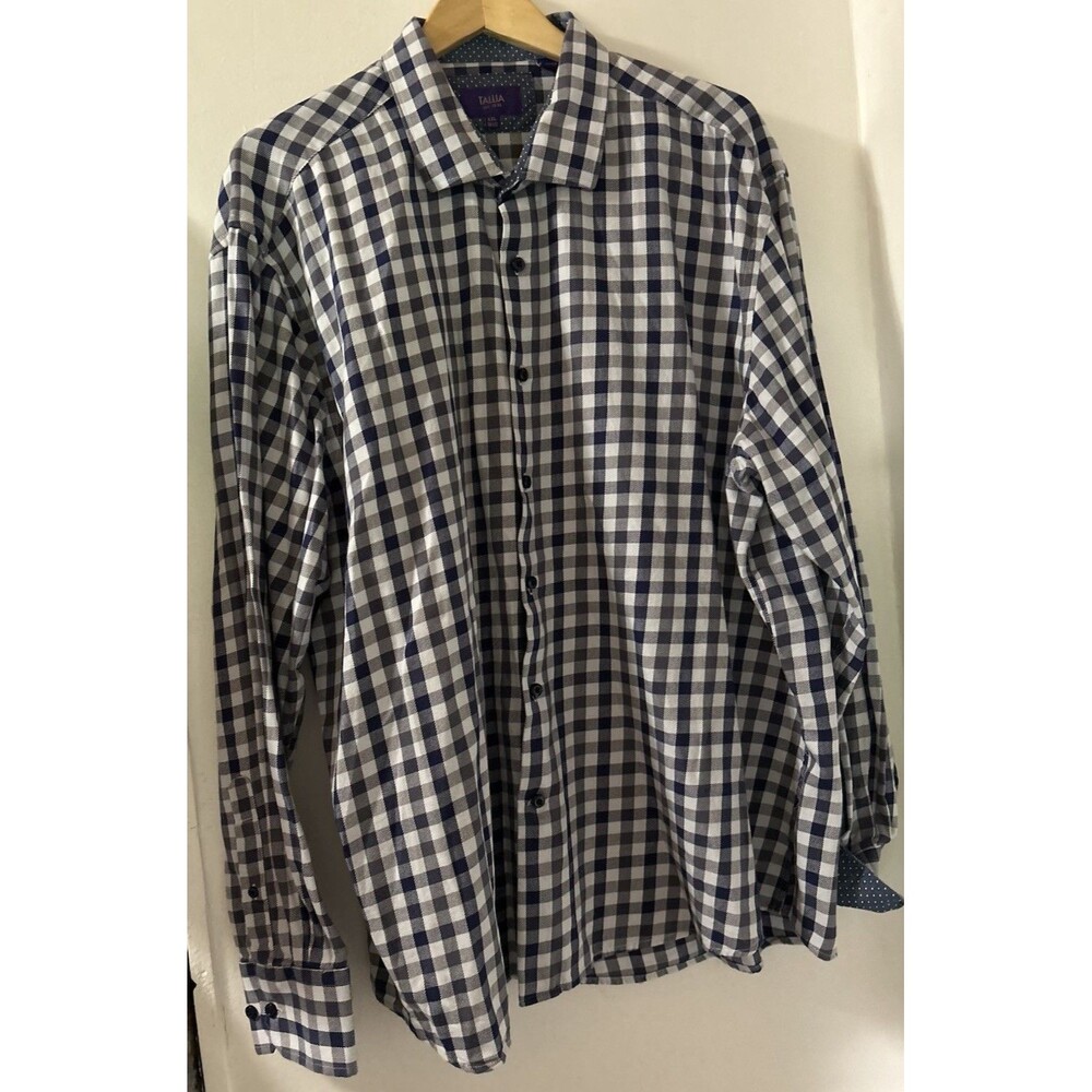 Tallia Button Up Shirt Mens XXL 18.5 Blue Gray Gingham Flip Cuff Long Sleeve